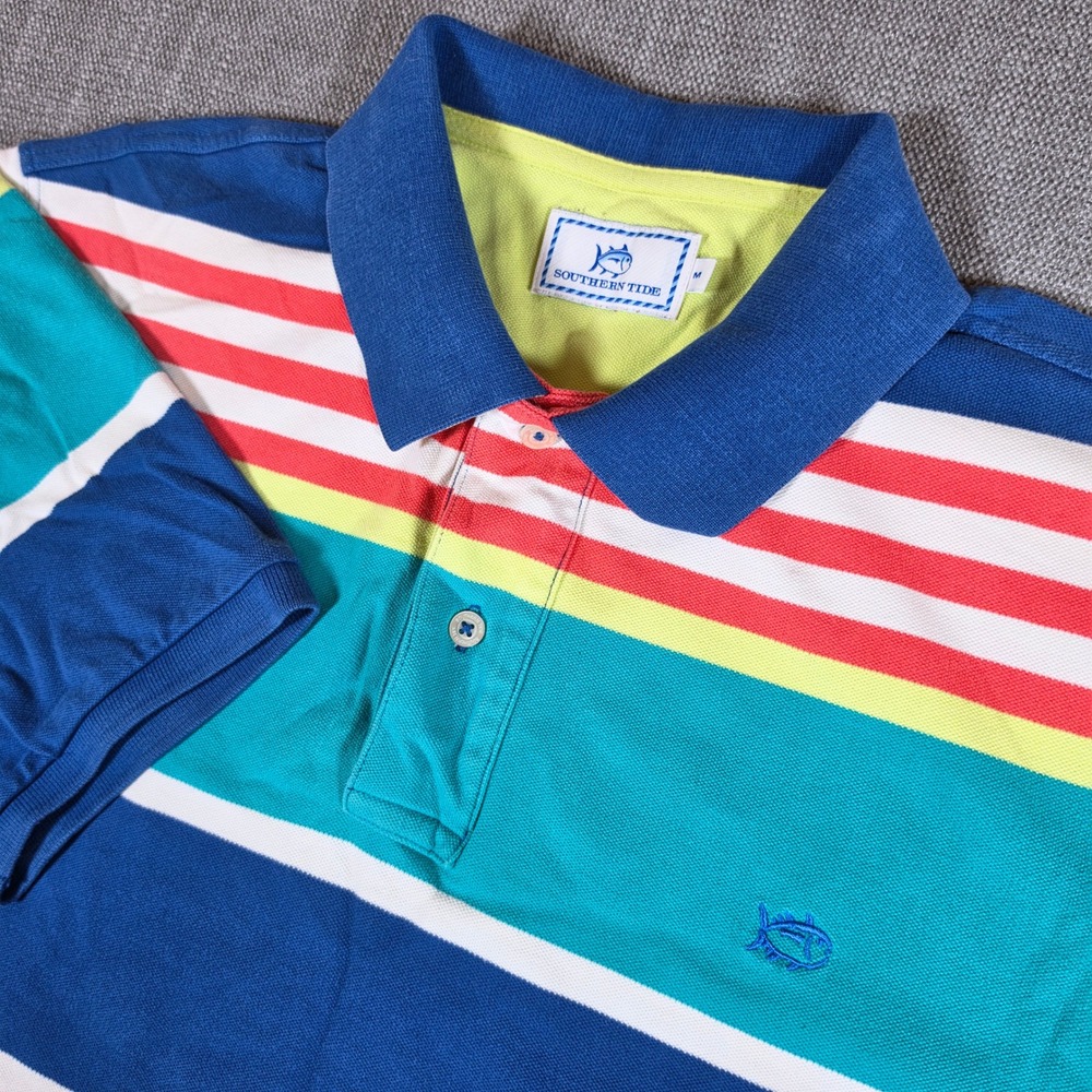 Southern Tide Polo Shirt Mens Med Multi Color Stripe Stretch Short Sleeve